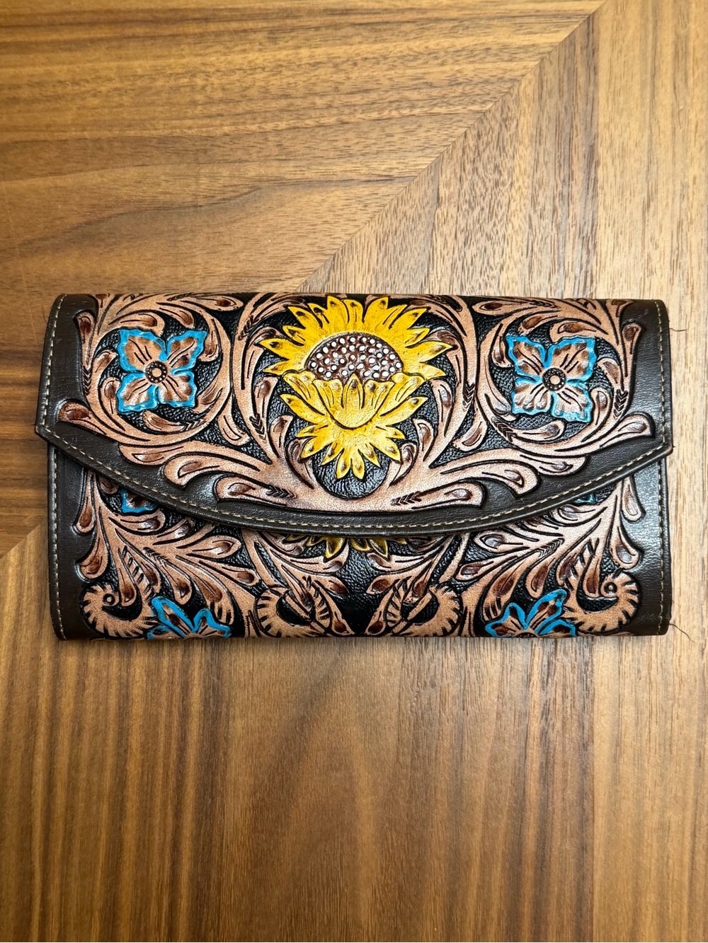 Hand-Tooled Floral Leather Wallet - Yellow & Turquoise Accents